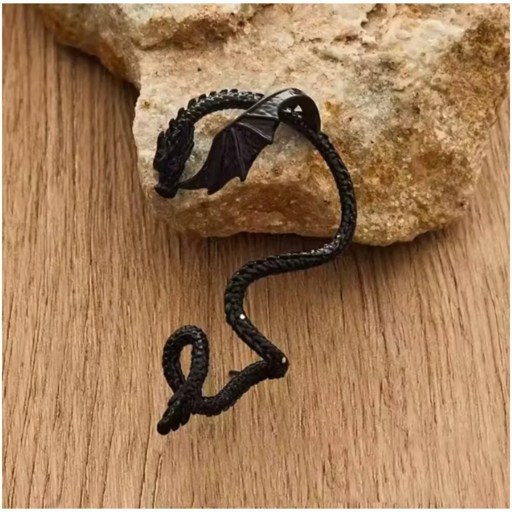 Gothic Dragon Wrap Earrings Black Stud Fantasy Wing Serpent Jewelry Women